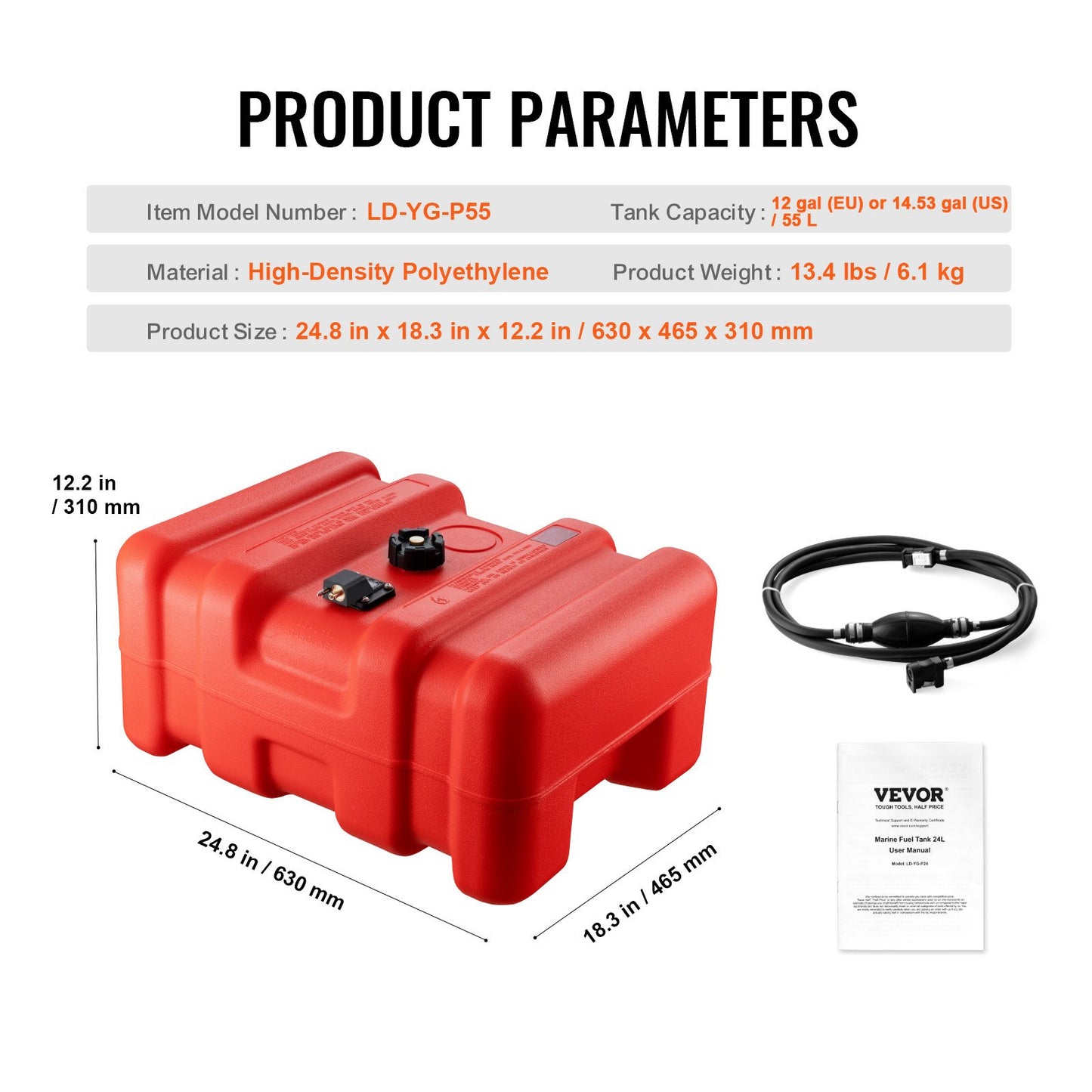 Marin bränsletank, 14,53 gallon/55 l, bärbar båtbränsletank för utombordsmotorer, plastbränsletank för utombordsmotorer med slang, lätt att bära för yacht, fiskebåt, däcksbåt, röd
