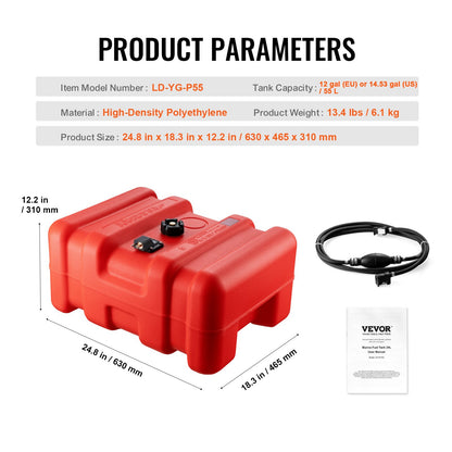 Marin bränsletank, 14,53 gallon/55 l, bärbar båtbränsletank för utombordsmotorer, plastbränsletank för utombordsmotorer med slang, lätt att bära för yacht, fiskebåt, däcksbåt, röd