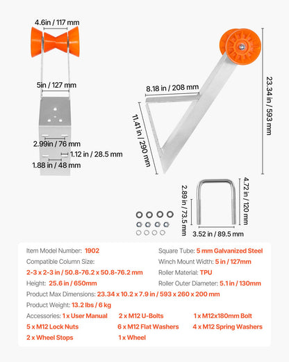 Vinschstativ för båttrailer, 50,8-76,2 mm vinschstolpar, vinschsäte för båttrailer med orange TPU-rulle och u-bultar, lämplig för vattenskoter, segelbåt, fiskebåt, motorbåt (galvaniserad), silver