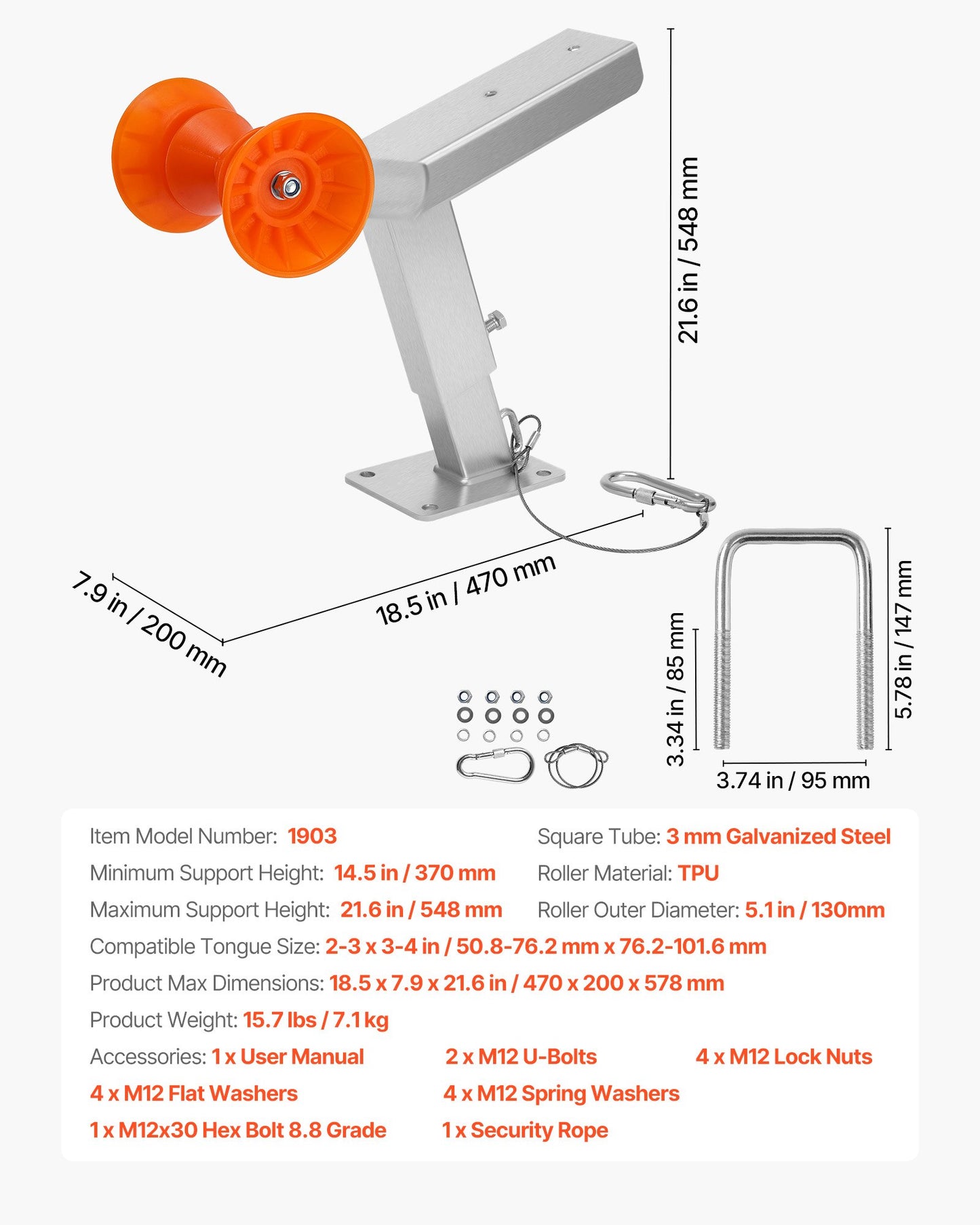 Vinschstativ för båttrailer med rulle, justerbar höjd 365-548 mm, båtvinschfäste med U-bultar för 50,8-76,2 mm B x 76,2-101,6 mm H trailertunga, lämplig för vattenskoter, segelbåt, motorbåt