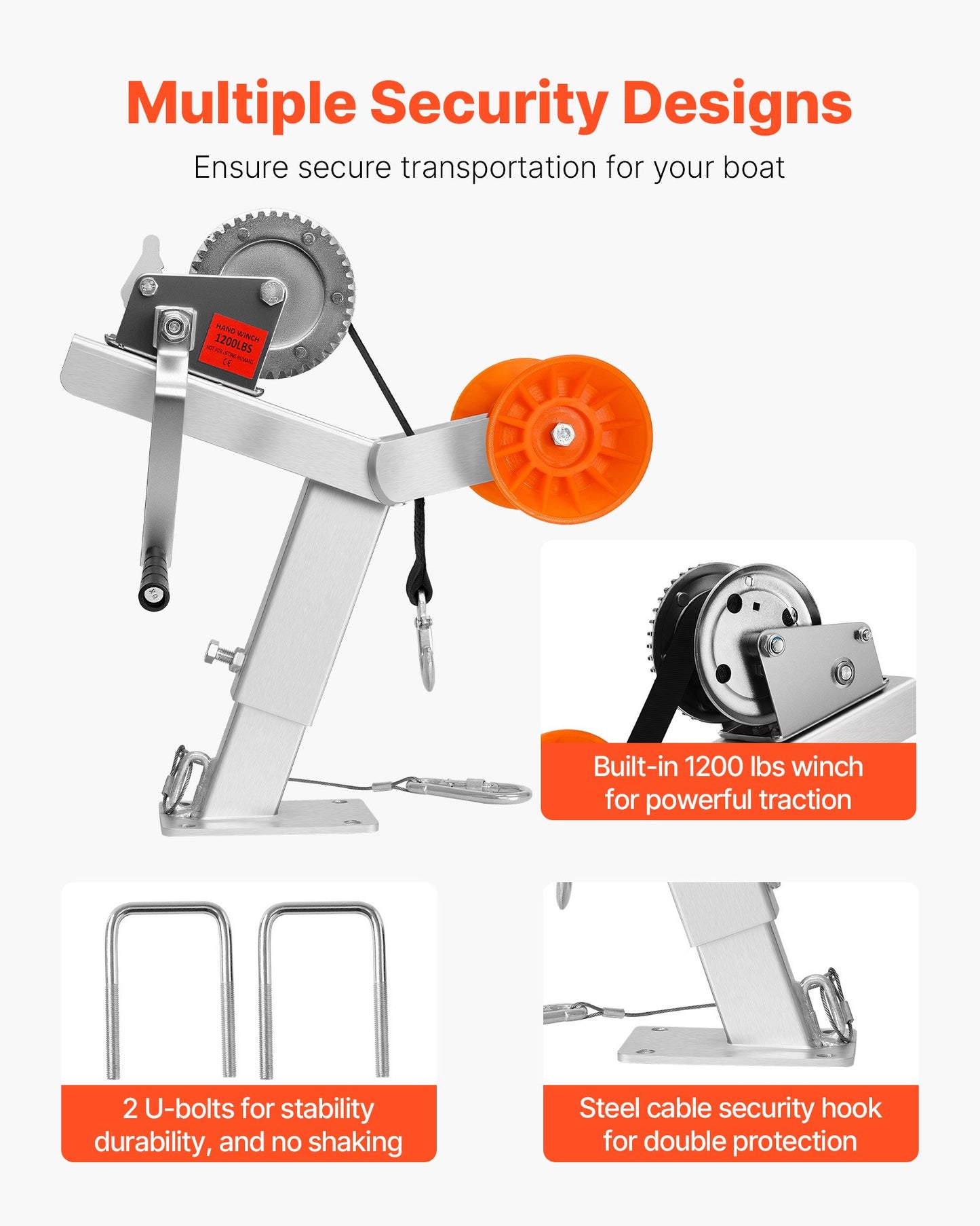 Boat Trailer Winch Stand with Roller, 544 kg Winch & 51 mm x 7.6 m Winch Strap, Boat Winch Mount with U-Bolt for 50.8-76.2 mm W x 76.2-101.6 mm H Trailer Tongue, Fit for Jet Ski, Sailboat, Speedboat