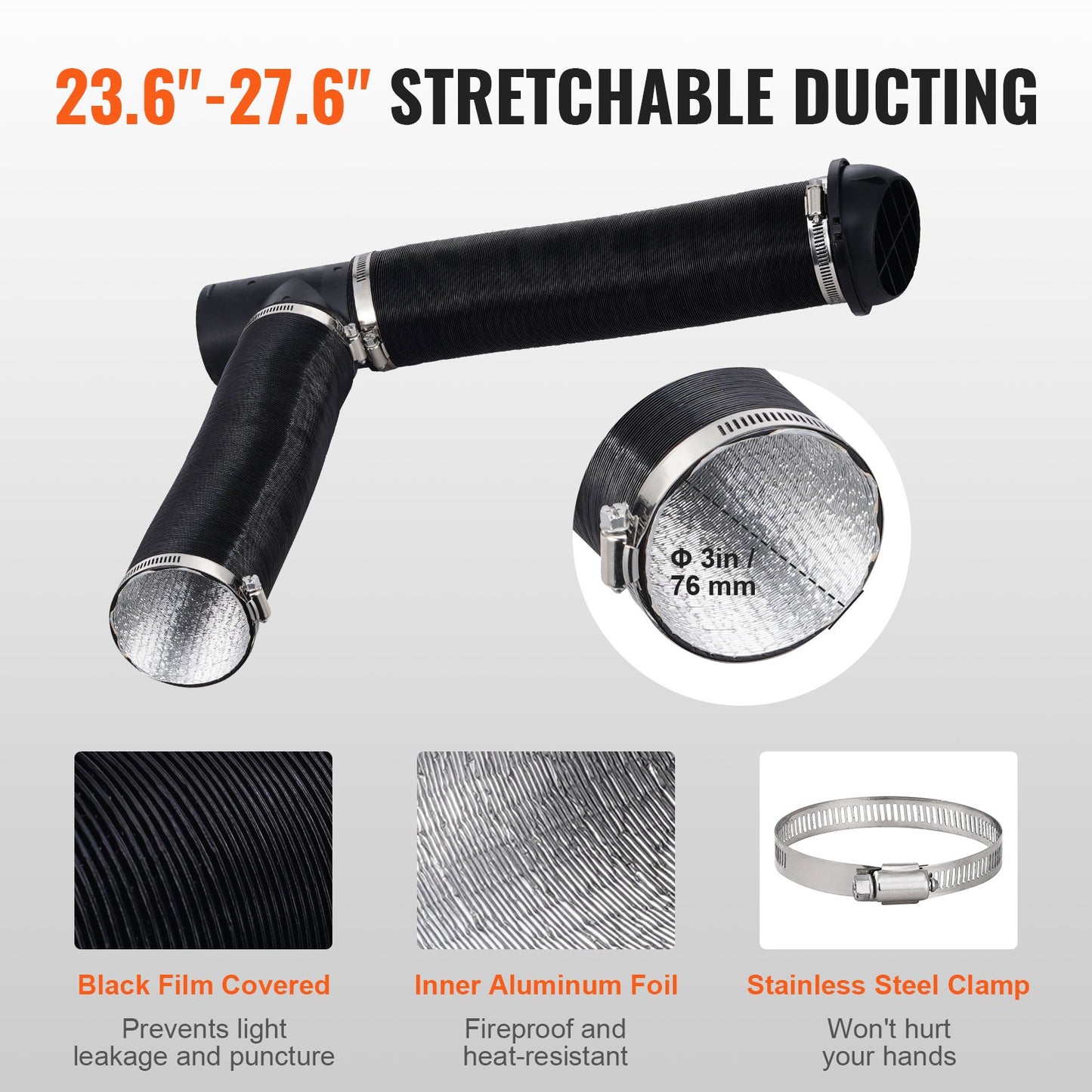 Diesel Heater Pipe Ducting Set, 76 mm Extendable Air Duct Hose, 25 mm Stainless Steel Exhaust Pipe, 2 Air Vents, Tee Air Outlet Connector and Hose Clamps, for 2KW/5KW/8KW Diesel Parking Heaters
