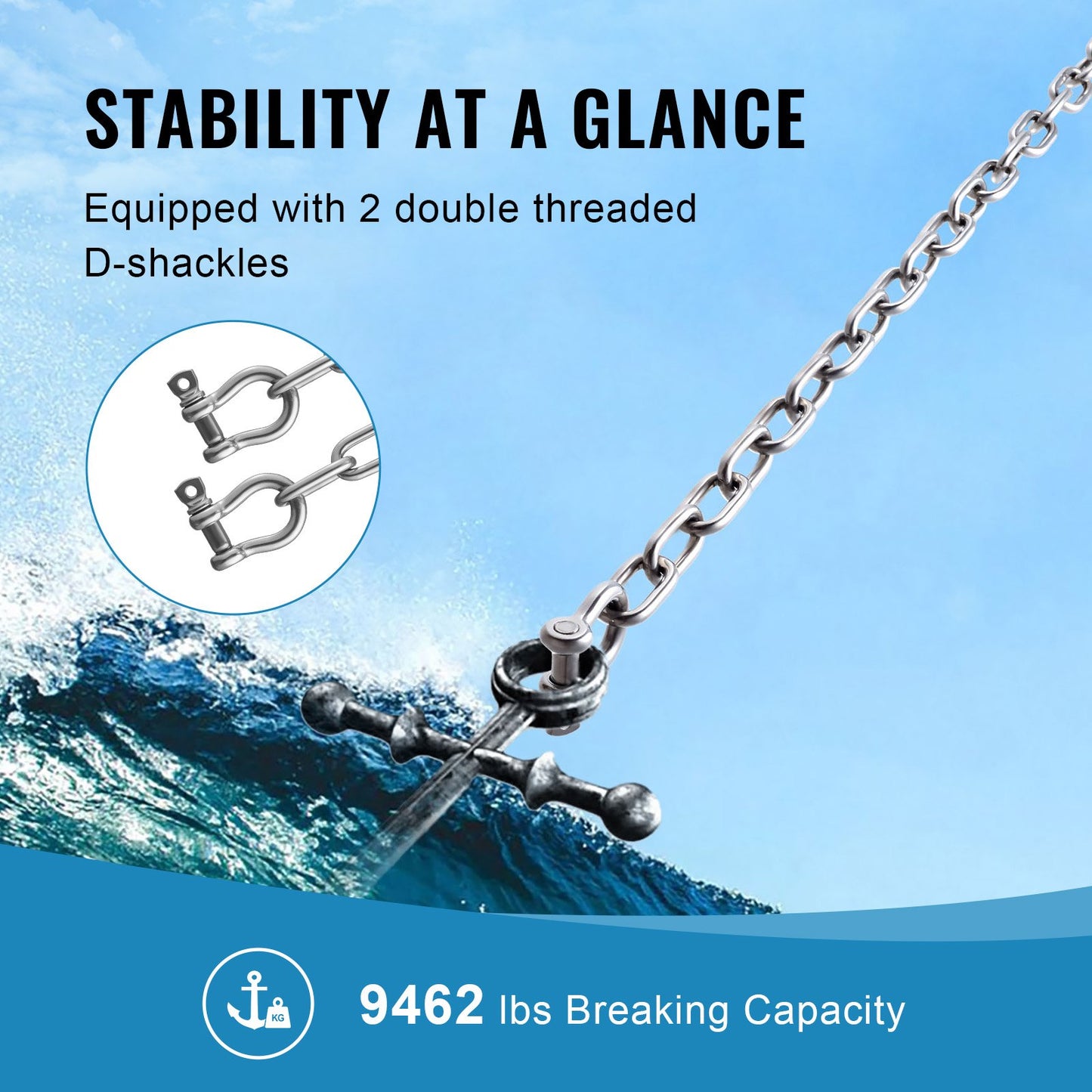 Boat Anchor Chain, 1/4" x 4', 1700 lbs. WLL/4800 lbs. BS, 316 Stainless Steel Marine Grade Anchor Lead Chain with Dual Lock Ring Shackles for Boats, Deck, Fishing, Works with Different Anchors