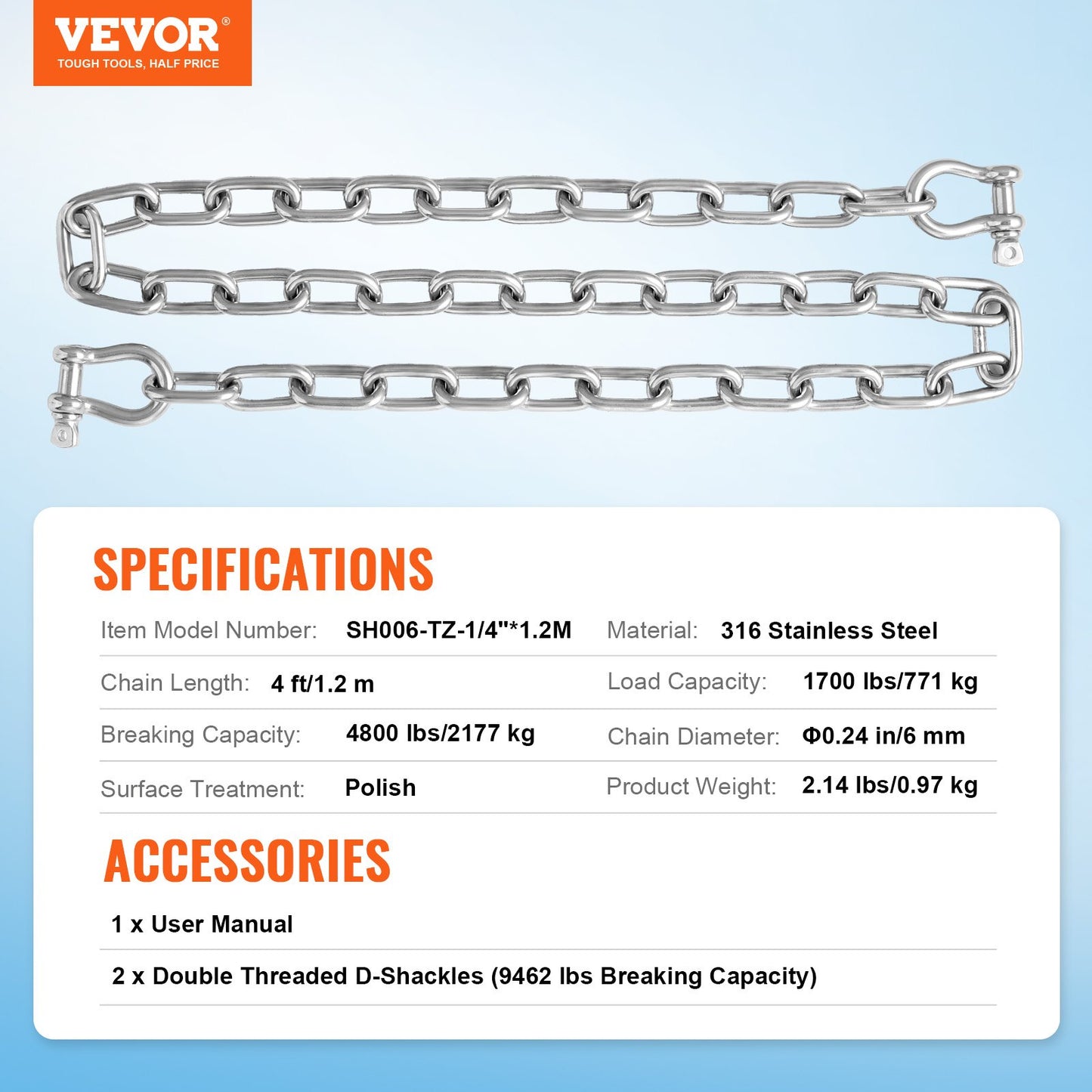 Boat Anchor Chain, 1/4" x 4', 1700 lbs. WLL/4800 lbs. BS, 316 Stainless Steel Marine Grade Anchor Lead Chain with Dual Lock Ring Shackles for Boats, Deck, Fishing, Works with Different Anchors