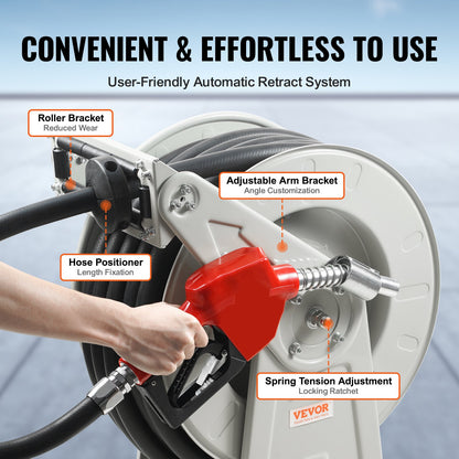 Bränsleslangvinda, 25,4 mm x 15,24 m, extra lång infällbar dieselslangvinda, kraftig kolstålskonstruktion med automatiskt bränslemunstycke, NBR-gummislang för flygplan, fartyg, fordon, tankbil, 20,68 bar
