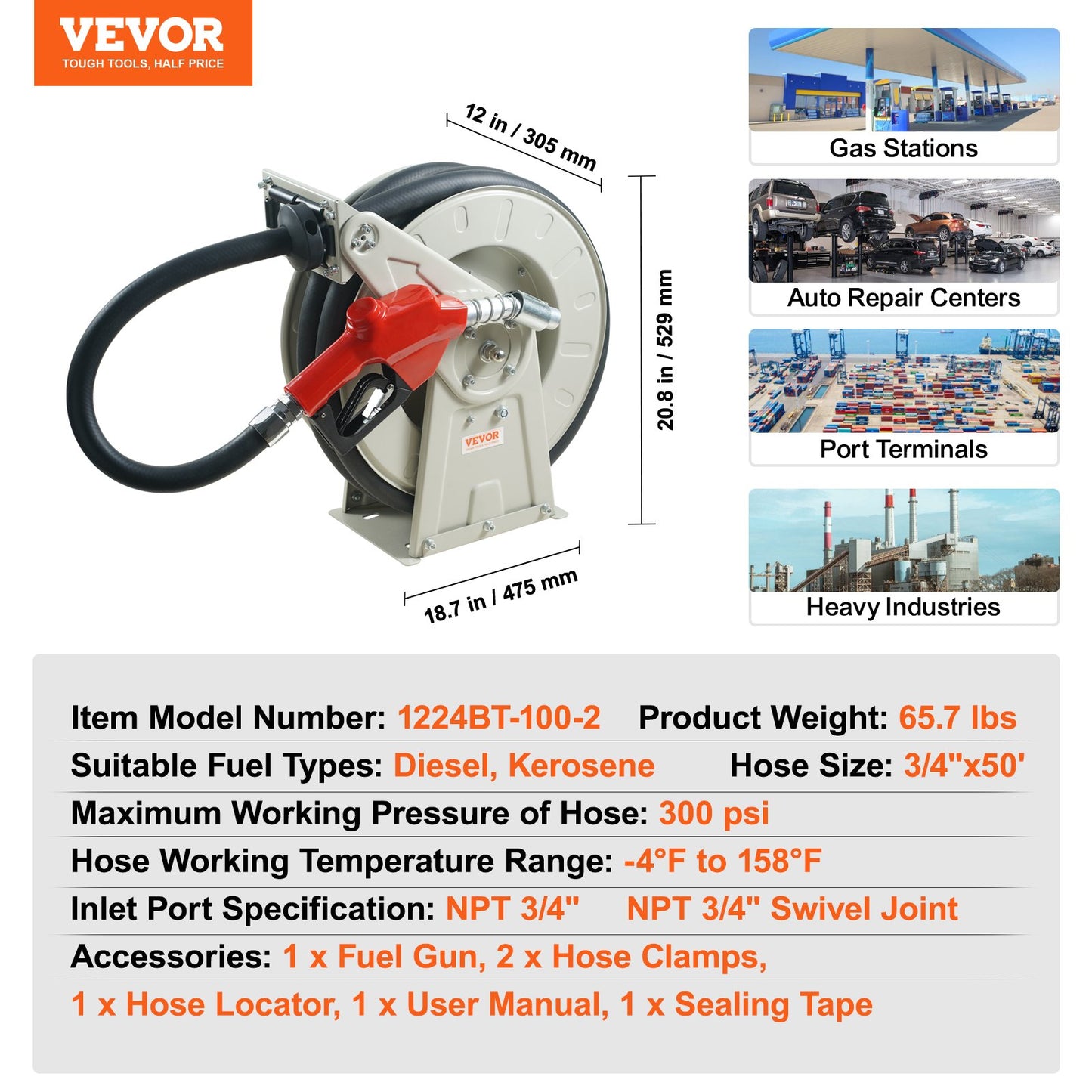 Fuel Hose Reel, 19.05 mm x 15.24 m, Extra Long Retractable Diesel Hose Reel, Heavy-Duty Carbon Steel Construction with Automatic Fuel Nozzle, NBR Rubber Hose for Aircraft Ship Vehicle Tank Truck, 20.68 bar