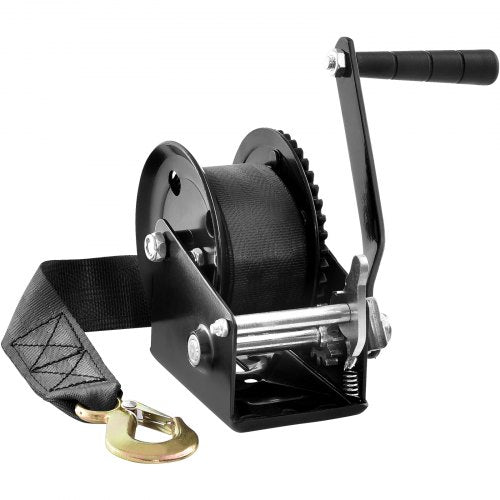 Hand Winch, 544.3 kg Pulling Capacity, Boat Trailer Winch Heavy Duty Rope Crank with 701 cm Polyester Strap and Two-Way Ratchet, Manual Operated Hand Crank Winch for Trailer, Boat or ATV Towing