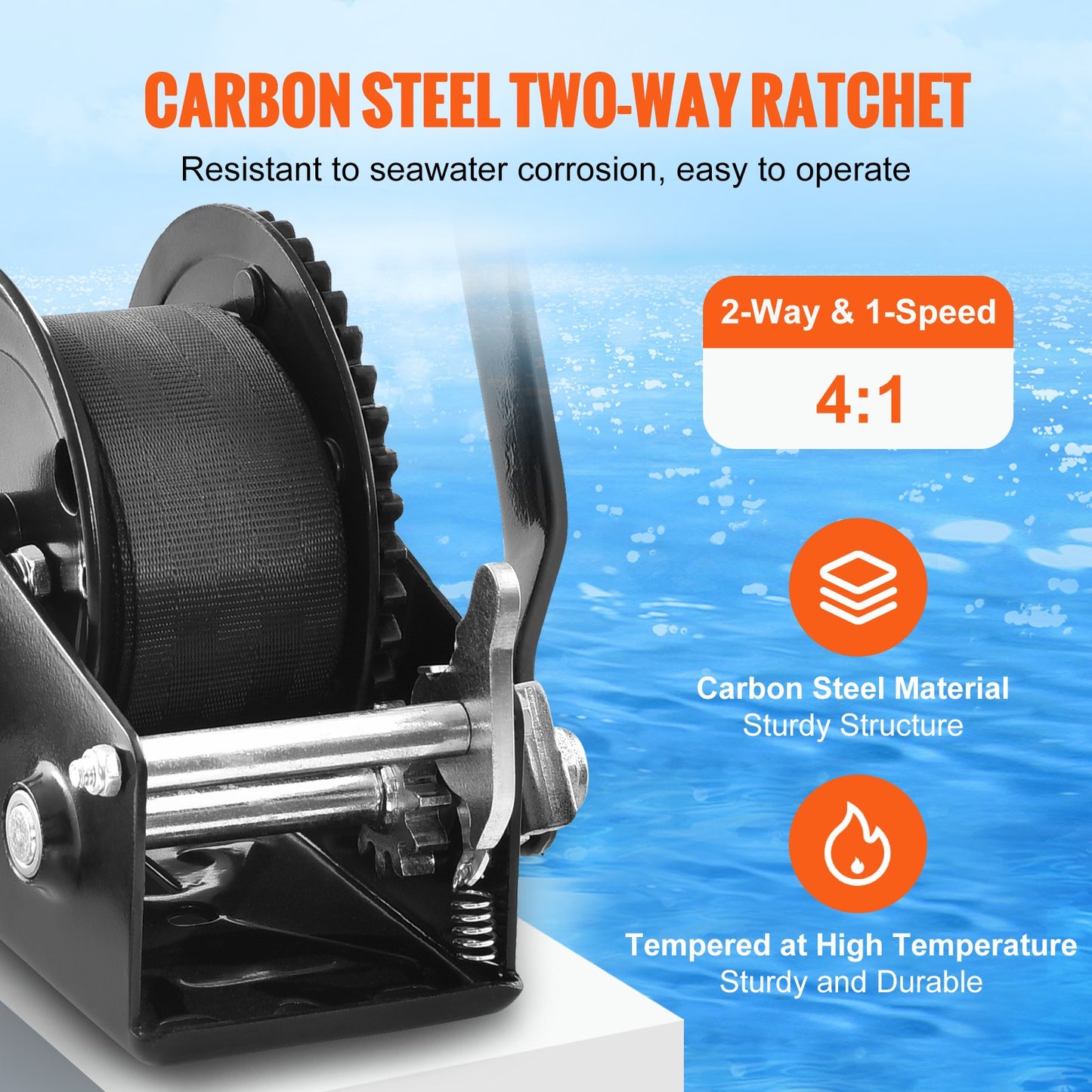 Hand Winch, 544.3 kg Pulling Capacity, Boat Trailer Winch Heavy Duty Rope Crank with 701 cm Polyester Strap and Two-Way Ratchet, Manual Operated Hand Crank Winch for Trailer, Boat or ATV Towing