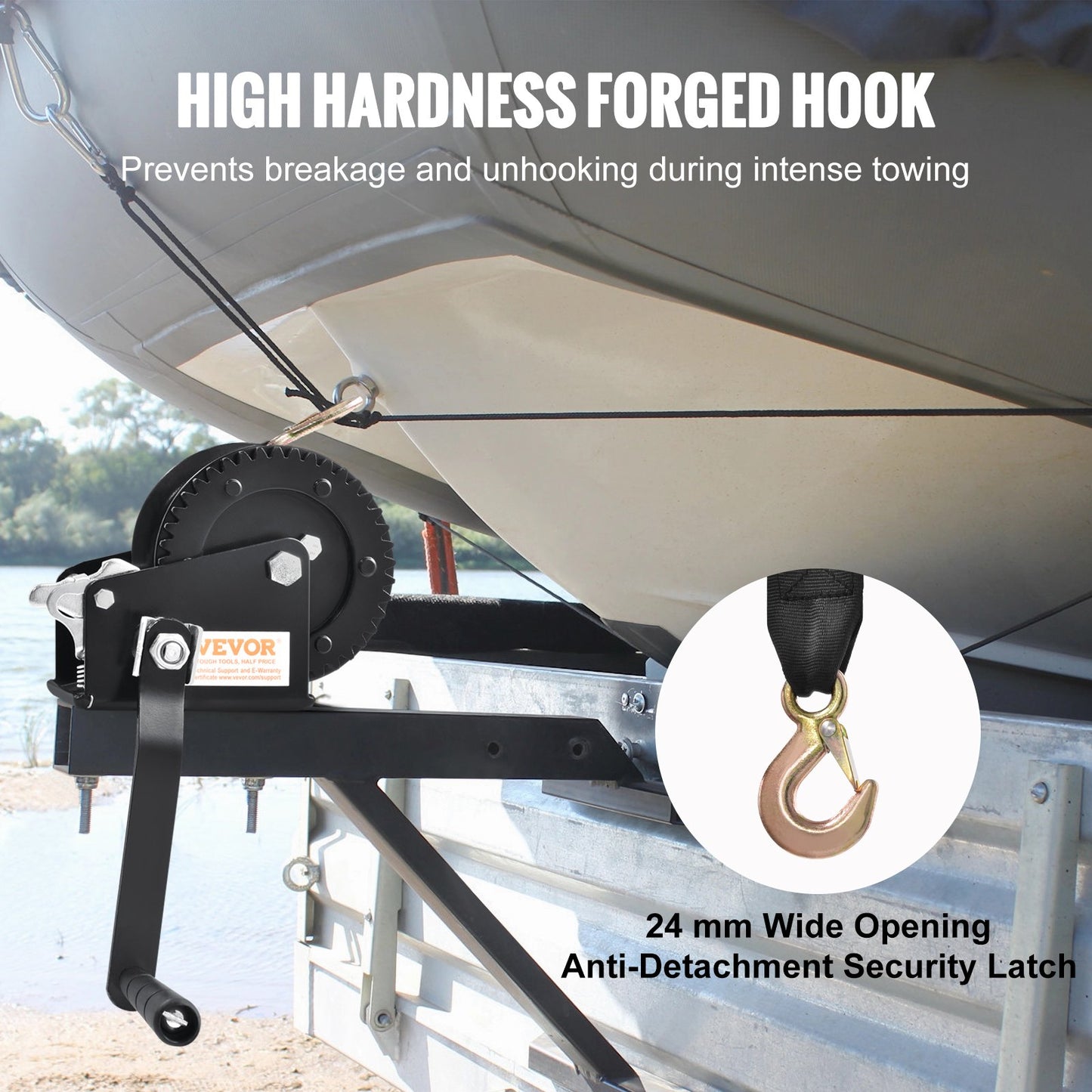 Hand Winch, 544.3 kg Pulling Capacity, Boat Trailer Winch Heavy Duty Rope Crank with 701 cm Polyester Strap and Two-Way Ratchet, Manual Operated Hand Crank Winch for Trailer, Boat or ATV Towing