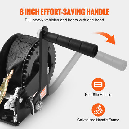 Hand Winch, 544.3 kg Pulling Capacity, Boat Trailer Winch Heavy Duty Rope Crank with 701 cm Polyester Strap and Two-Way Ratchet, Manual Operated Hand Crank Winch for Trailer, Boat or ATV Towing