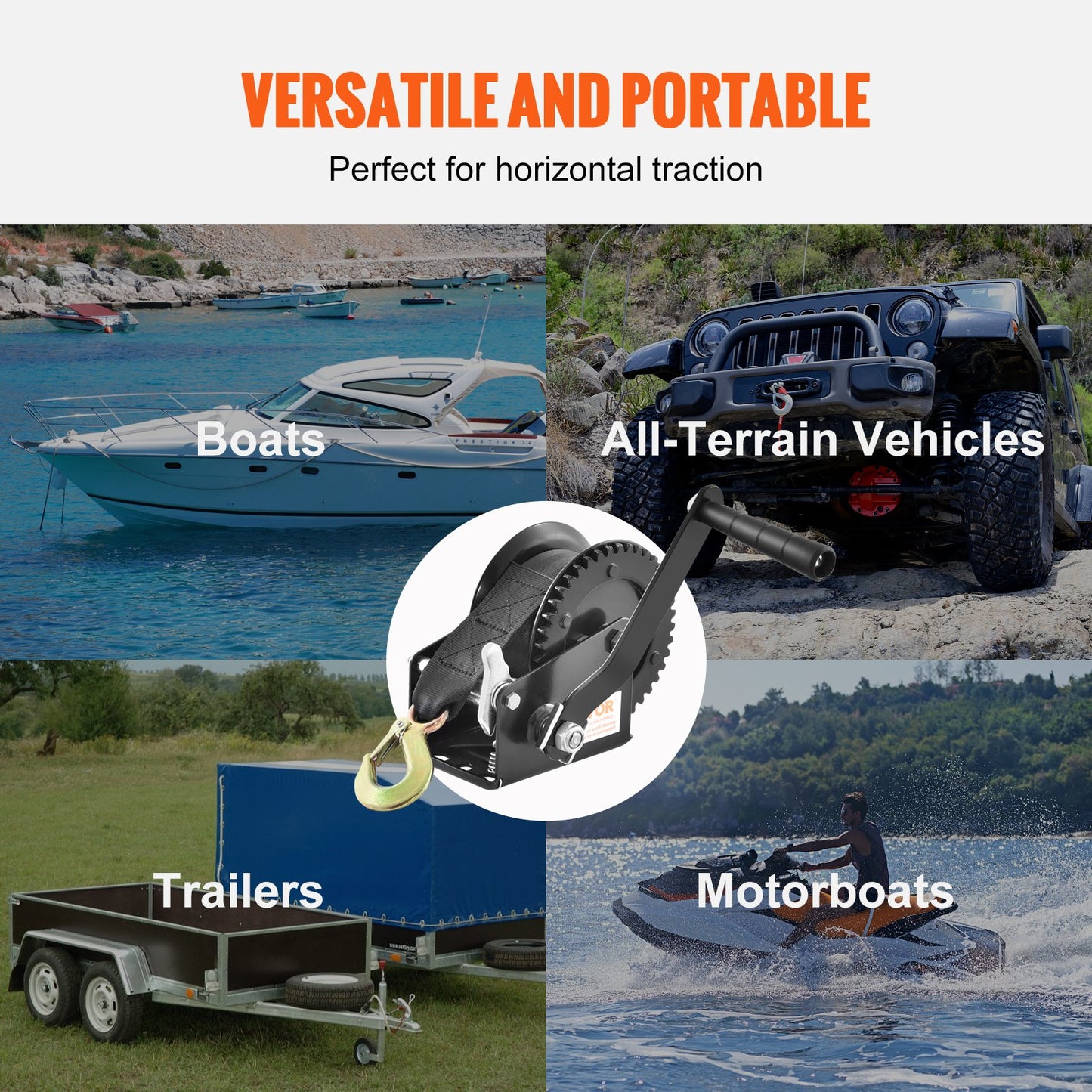 Hand Winch, 544.3 kg Pulling Capacity, Boat Trailer Winch Heavy Duty Rope Crank with 701 cm Polyester Strap and Two-Way Ratchet, Manual Operated Hand Crank Winch for Trailer, Boat or ATV Towing