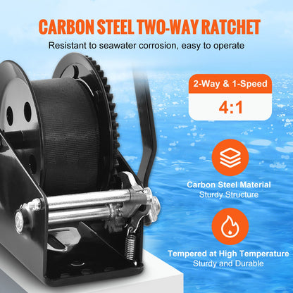 Hand Winch, 725.7 kg Pulling Capacity, Boat Trailer Winch Heavy Duty Rope Crank with 1005.8 cmPolyester Strap and Two-Way Ratchet, Manual Operated Hand Crank Winch for Trailer, Boat or ATV Towing