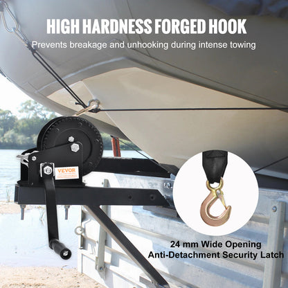 Hand Winch, 725.7 kg Pulling Capacity, Boat Trailer Winch Heavy Duty Rope Crank with 1005.8 cmPolyester Strap and Two-Way Ratchet, Manual Operated Hand Crank Winch for Trailer, Boat or ATV Towing