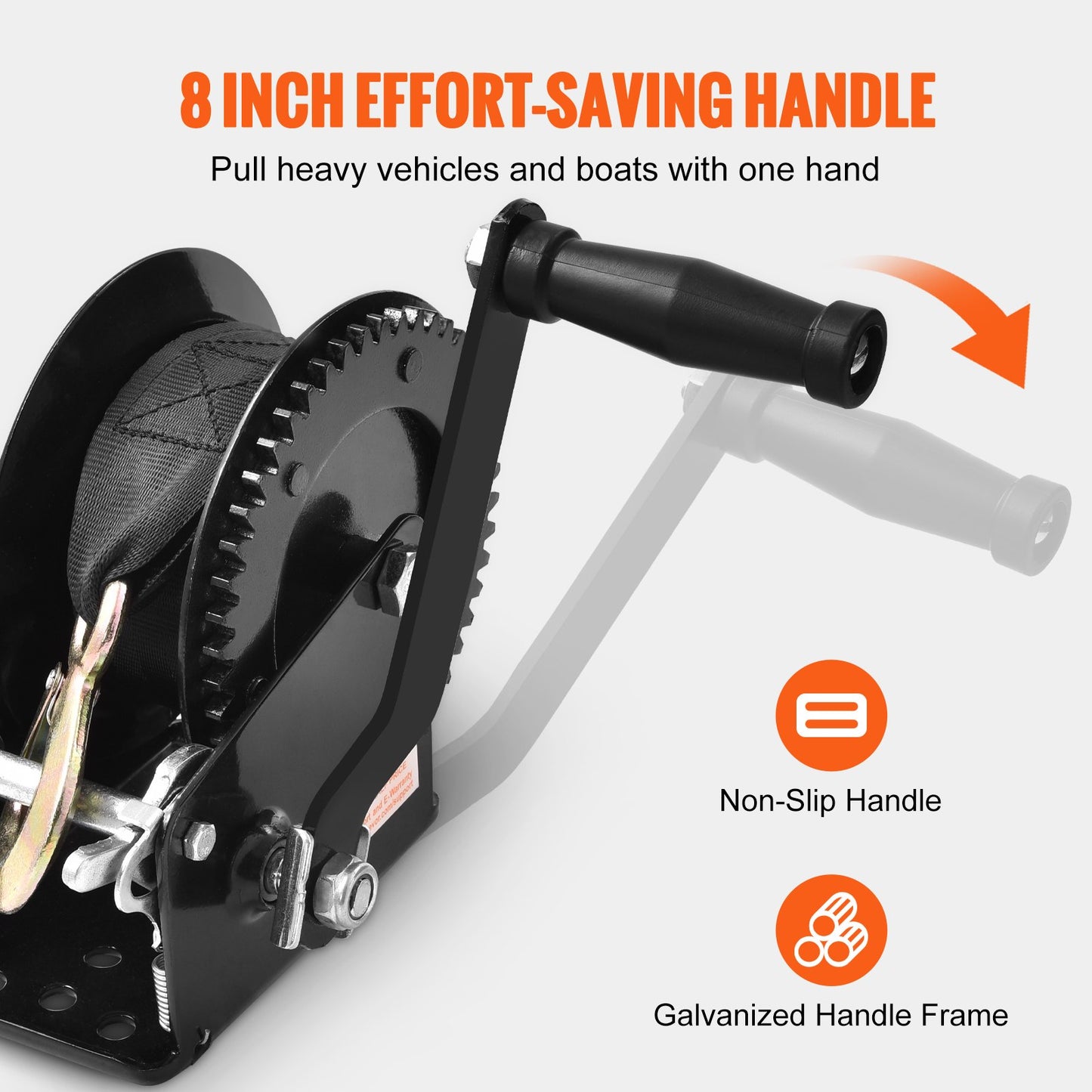 Hand Winch, 725.7 kg Pulling Capacity, Boat Trailer Winch Heavy Duty Rope Crank with 1005.8 cmPolyester Strap and Two-Way Ratchet, Manual Operated Hand Crank Winch for Trailer, Boat or ATV Towing