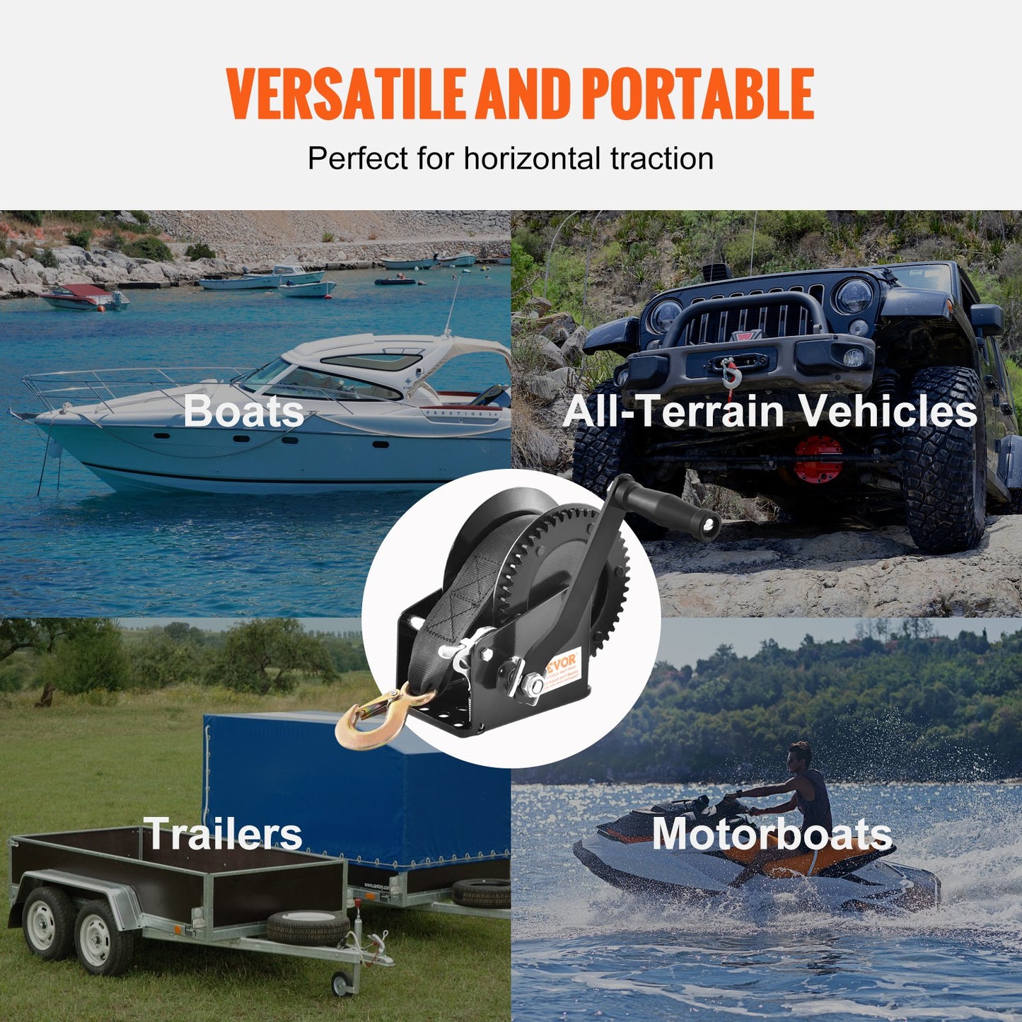 Hand Winch, 725.7 kg Pulling Capacity, Boat Trailer Winch Heavy Duty Rope Crank with 1005.8 cmPolyester Strap and Two-Way Ratchet, Manual Operated Hand Crank Winch for Trailer, Boat or ATV Towing