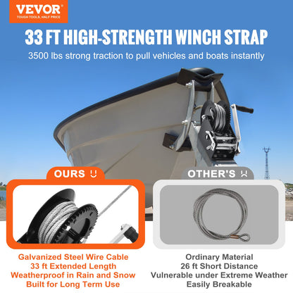 Hand Winch, 1587.6 kg Pulling Capacity, Boat Trailer Winch Heavy Duty Rope Crank with 1005.8 cm Steel Wire Cable and Two-Way Ratchet, Manual Operated Hand Crank Winch for Trailer, Boat or ATV Towing