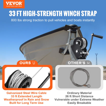 Hand Winch, 362.9 kg Pulling Capacity, Boat Trailer Winch Heavy Duty Rope Crank with 1005.8 cm Steel Wire Cable and Two-Way Ratchet, Manual Operated Hand Crank Winch for Trailer, Boat or ATV Towing