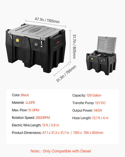Portable Diesel Tank, 484.5L Capacity & 10 GPM Flow Rate, Gas Fuel Tank with 12V Electric Transfer Pump and 4m Rubber Hose, PE Diesel Transfer Tanks for Easy Fuel Transportation, Black