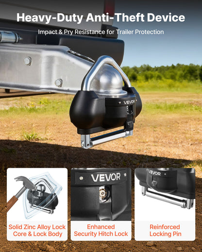 Trailer Hitch Lock, Fits for 46 mm, 50.8 mm, 58.7 mm Couplers, Heavy-Duty Anti-Theft Trailer Ball Lock with 3 Keys, Prying-Resistant, Adjustable Height Design for RVs, Boats, Trailers, Black