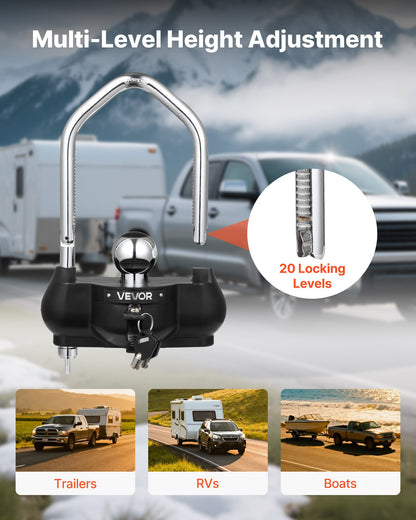 Trailer Hitch Lock, Fits for 46 mm, 50.8 mm, 58.7 mm Couplers, Heavy-Duty Anti-Theft Trailer Ball Lock with 3 Keys, Prying-Resistant, Adjustable Height Design for RVs, Boats, Trailers, Black