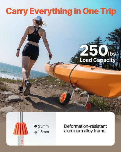 Kayak Cart, 113.4 kg Load Capacity, Canoe Cart Dolly with 19.1 cm Solid Rubber Tires & Kickstand, Assembles & Disassembles Within Seconds, Paddle Board Trolley for Kayaks, Canoes, Paddleboards