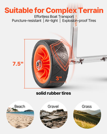 Kayak Cart, 113.4 kg Load Capacity, Canoe Cart Dolly with 19.1 cm Solid Rubber Tires & Kickstand, Assembles & Disassembles Within Seconds, Paddle Board Trolley for Kayaks, Canoes, Paddleboards