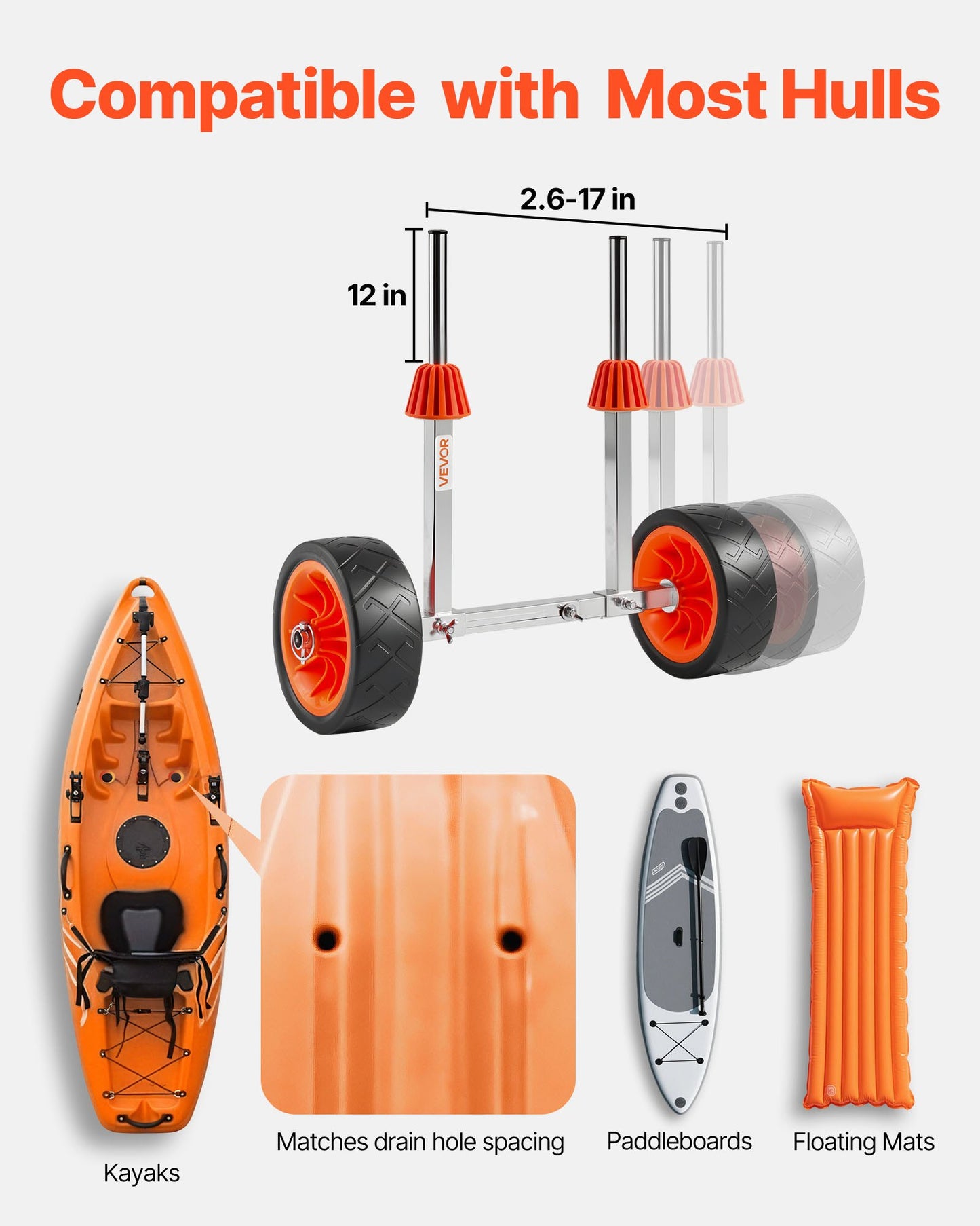 Kayak Cart, 113.4 kg Load Capacity, Canoe Cart Dolly with 19.1 cm Solid Rubber Tires & Kickstand, Assembles & Disassembles Within Seconds, Paddle Board Trolley for Kayaks, Canoes, Paddleboards