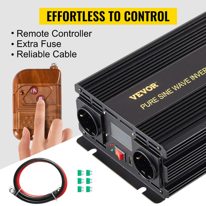 Pure Sine Wave Inverter 2500W Power Inverter DC 12V AC 230V, Car Inverter USB Port LCD Display Remote Controller, Safety Protections, Power Converter For RV Trucks Boats And Emergency