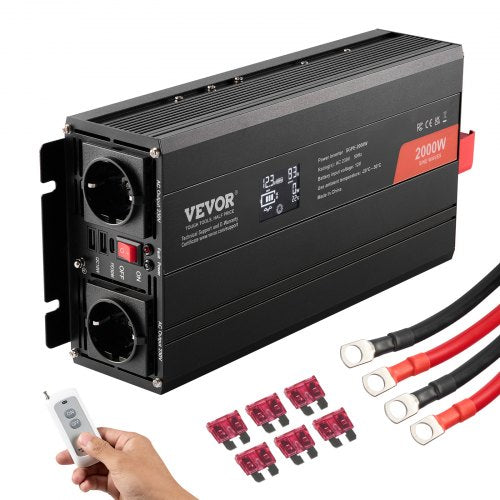 Pure Sine Wave Inverter, 2000 Watt, DC 12V to AC 230V Power Inverter with 2 AC Outlets 2 USB Port 1 Type-C Port, LCD Display and Remote Controller for Medium-Sized Household Equipment, CE FCC