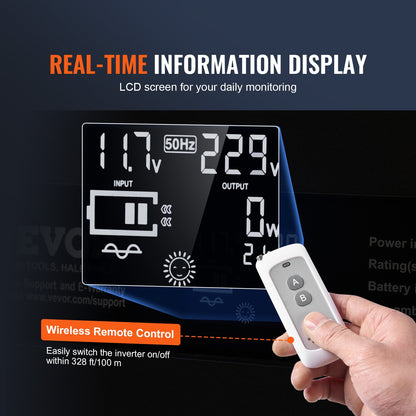 Pure Sine Wave Inverter, 3000 Watt, DC 12V to AC 230V Power Inverter with 2 AC Outlets 2 USB Port 1 Type-C Port, LCD Display and Remote Controller for Large Home Appliances, CE FCC Certified