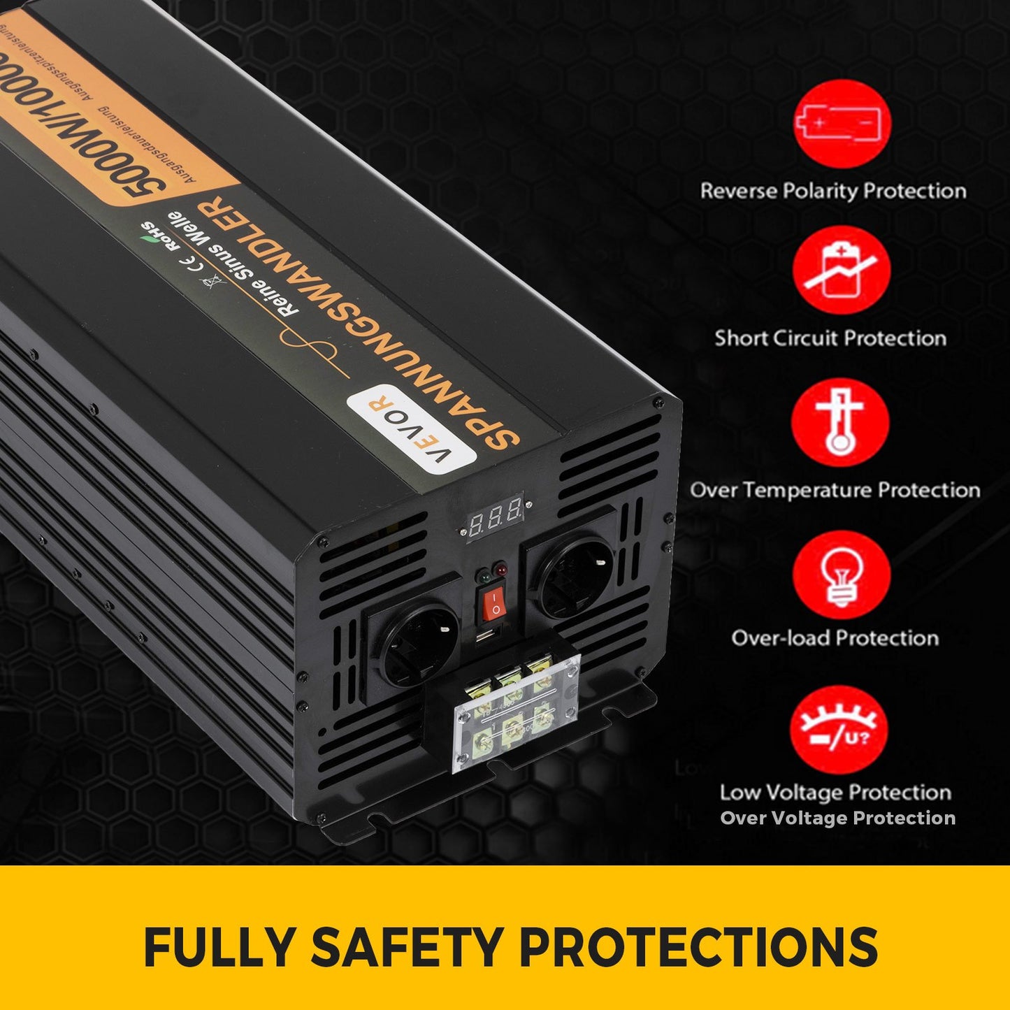 Pure Sine Wave Power Inverter 5000W 24V DC to 230V AC 50Hz Peak Power 10000W for Appliances and Solar System Emergency