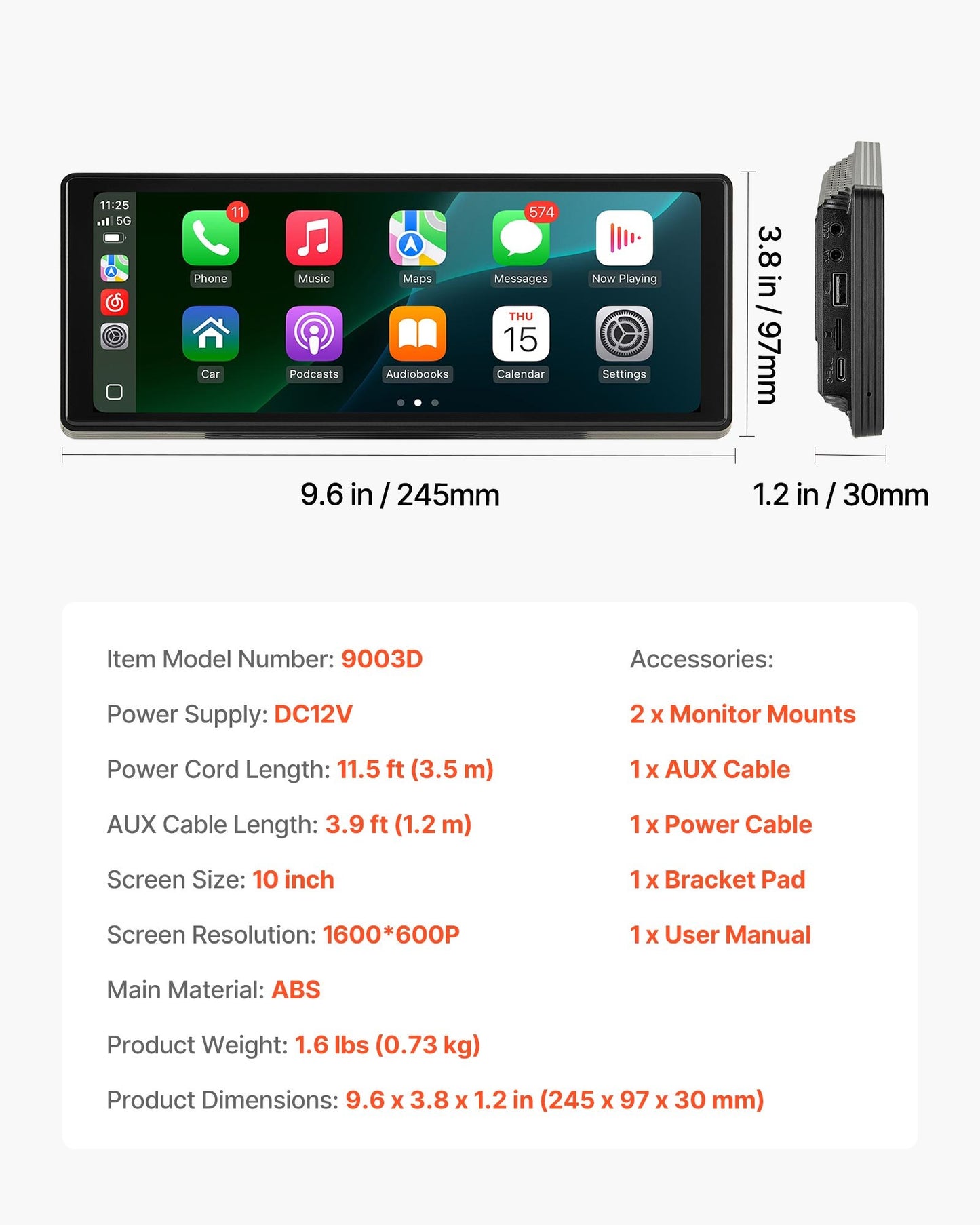 Trådlös bilstereo, 254 mm HD bärbar radio med pekskärm, kompatibel med Apple CarPlay och Android Auto, CarPlay-skärm för bil med röststyrning, spegellänk, Bluetooth och GPS-navigering
