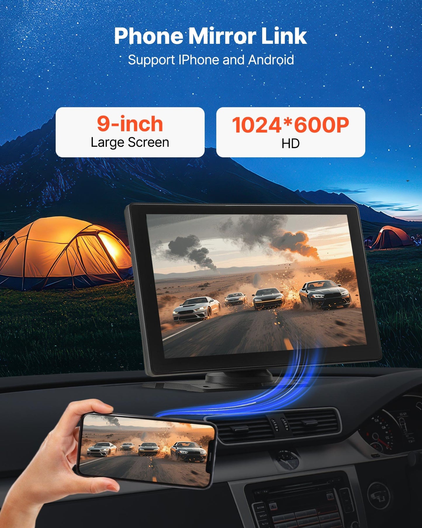 Trådlös bilstereo, 228,6 mm HD bärbar radio med pekskärm, Apple CarPlay och Android Auto, CarPlay-skärm med fram- och backkamera, röststyrning, spegellänk, Bluetooth, GPS-navigering