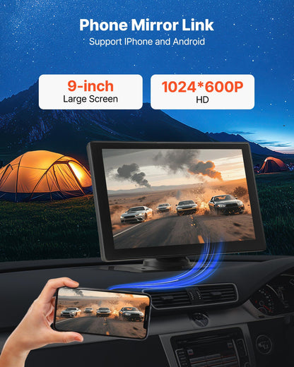 Trådlös bilstereo, 228,6 mm HD bärbar radio med pekskärm, Apple CarPlay och Android Auto, CarPlay-skärm med fram- och backkamera, röststyrning, spegellänk, Bluetooth, GPS-navigering