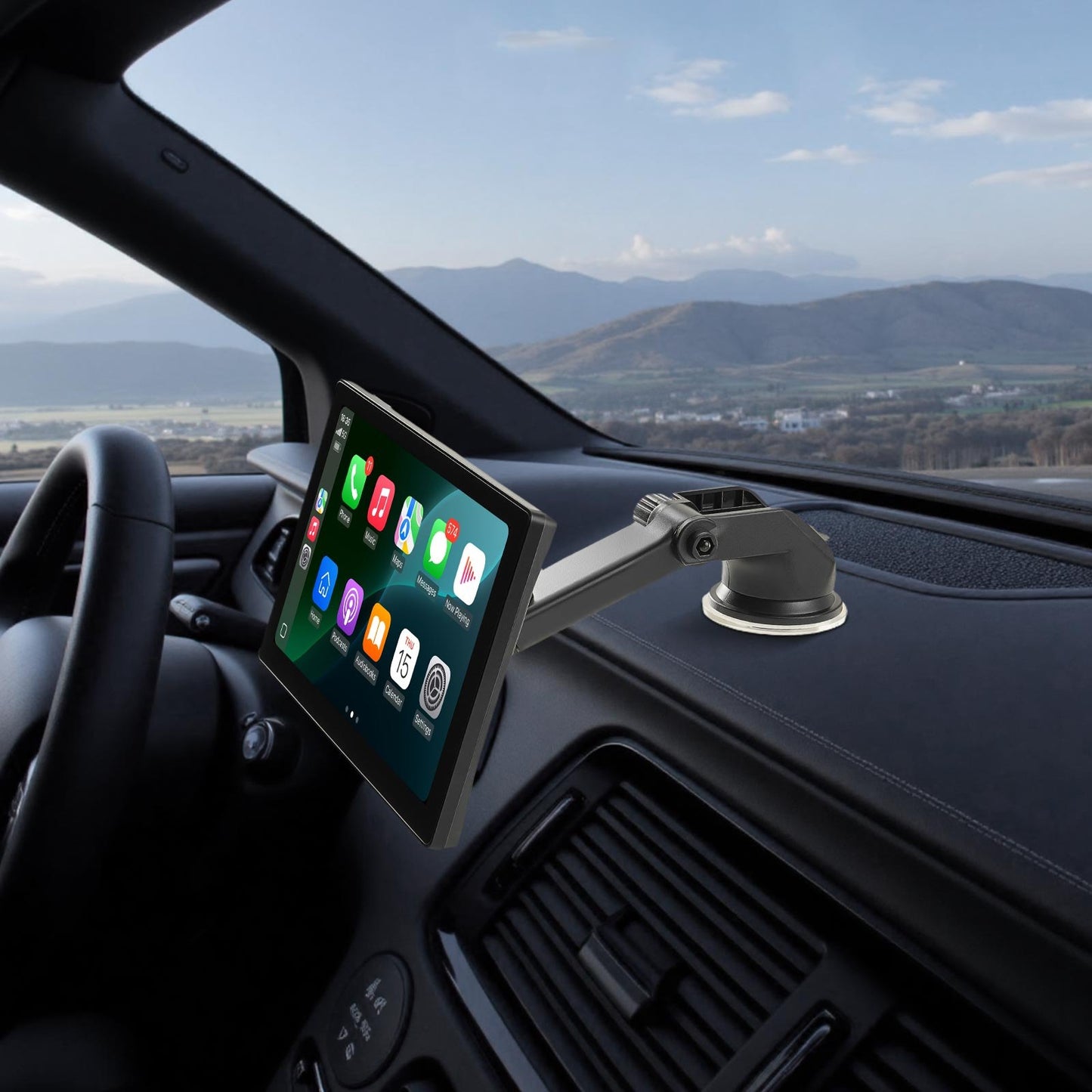 Trådlös bilstereo, 228,6 mm HD bärbar radio med pekskärm, Apple CarPlay och Android Auto, CarPlay-skärm med fram- och backkamera, röststyrning, spegellänk, Bluetooth, GPS-navigering