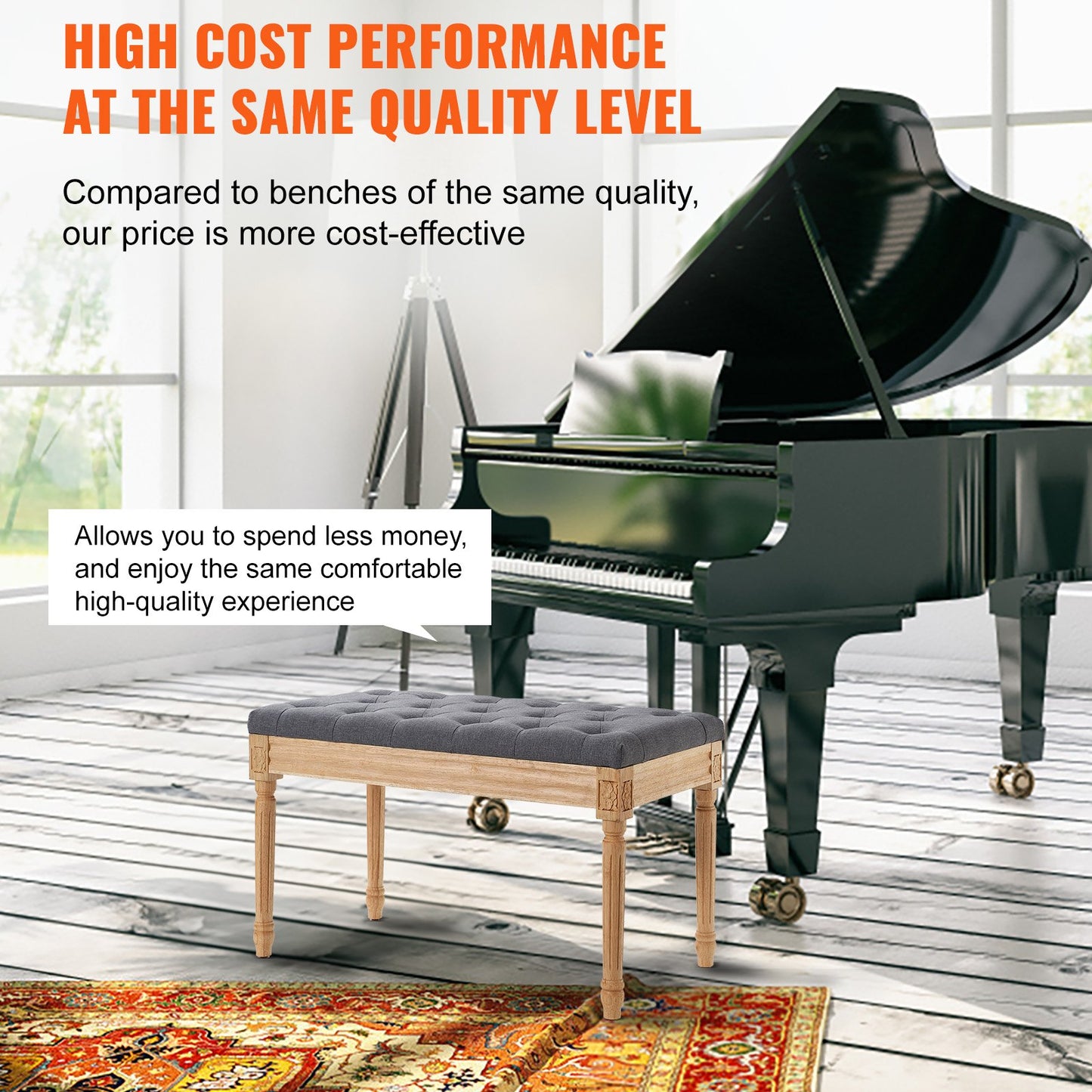 Upholstered Bench, 16"W Ottoman Bench, End of Bed Bench with Foam Padded Cushion and Rubberwood Legs, Tufted Footrest Stool Entryway Bench for Dining Room, Living Room, Bedroom, Hallway, Gray