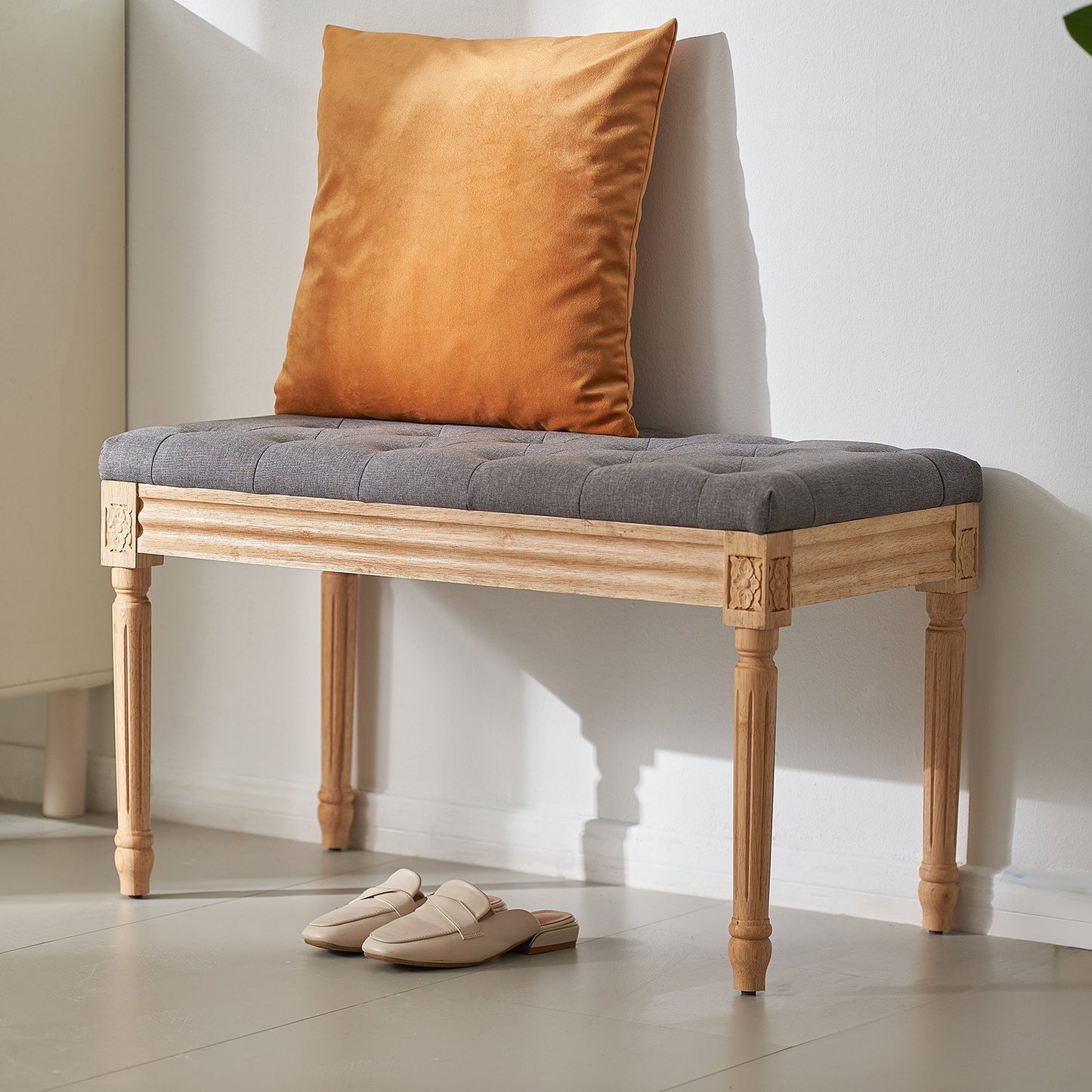 Upholstered Bench, 16"W Ottoman Bench, End of Bed Bench with Foam Padded Cushion and Rubberwood Legs, Tufted Footrest Stool Entryway Bench for Dining Room, Living Room, Bedroom, Hallway, Gray