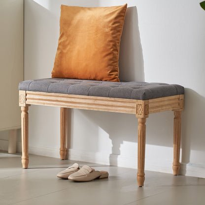 Upholstered Bench, 16"W Ottoman Bench, End of Bed Bench with Foam Padded Cushion and Rubberwood Legs, Tufted Footrest Stool Entryway Bench for Dining Room, Living Room, Bedroom, Hallway, Gray