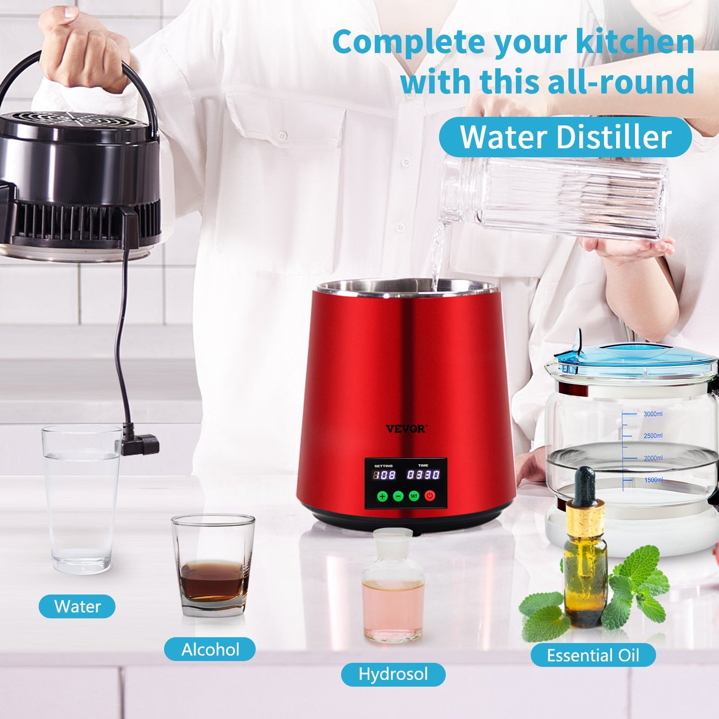 4 L Water Distiller, 1 L/H, 750W Distilled Water Maker Machine with 0-99 H Timing Setting Temp Display, 304 Stainless Steel Countertop Distiller Glass Carafe Cleaning Powder 3 Carbon Packs, Red