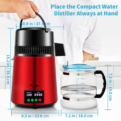 4 L Water Distiller, 1 L/H, 750W Distilled Water Maker Machine with 0-99 H Timing Setting Temp Display, 304 Stainless Steel Countertop Distiller Glass Carafe Cleaning Powder 3 Carbon Packs, Red