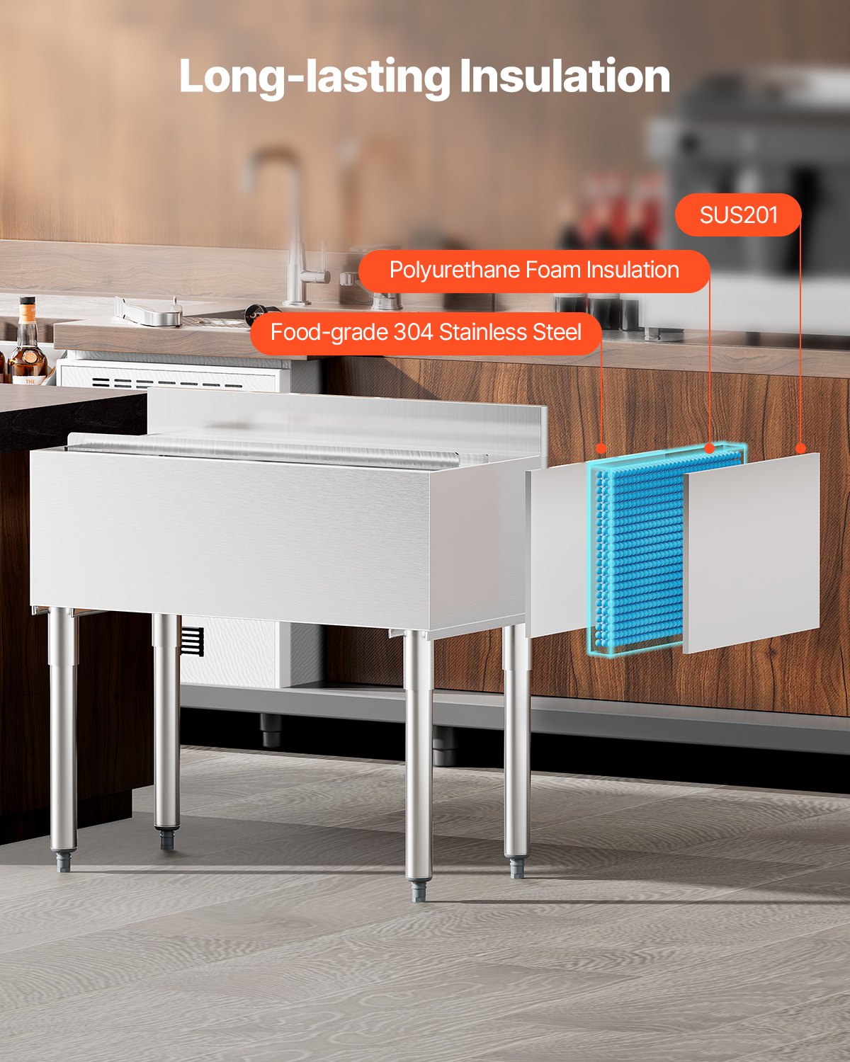 Commercial Ice Bin, 95.3 L Underbar Ice Bin, 35.9 x 19 x 37 in Stainless Steel Ice Chest with Sliding Lid, Bottle Holders, and Adjustable Bullet Feet, Cocktail Unit for Bars, Restaurants, Pubs