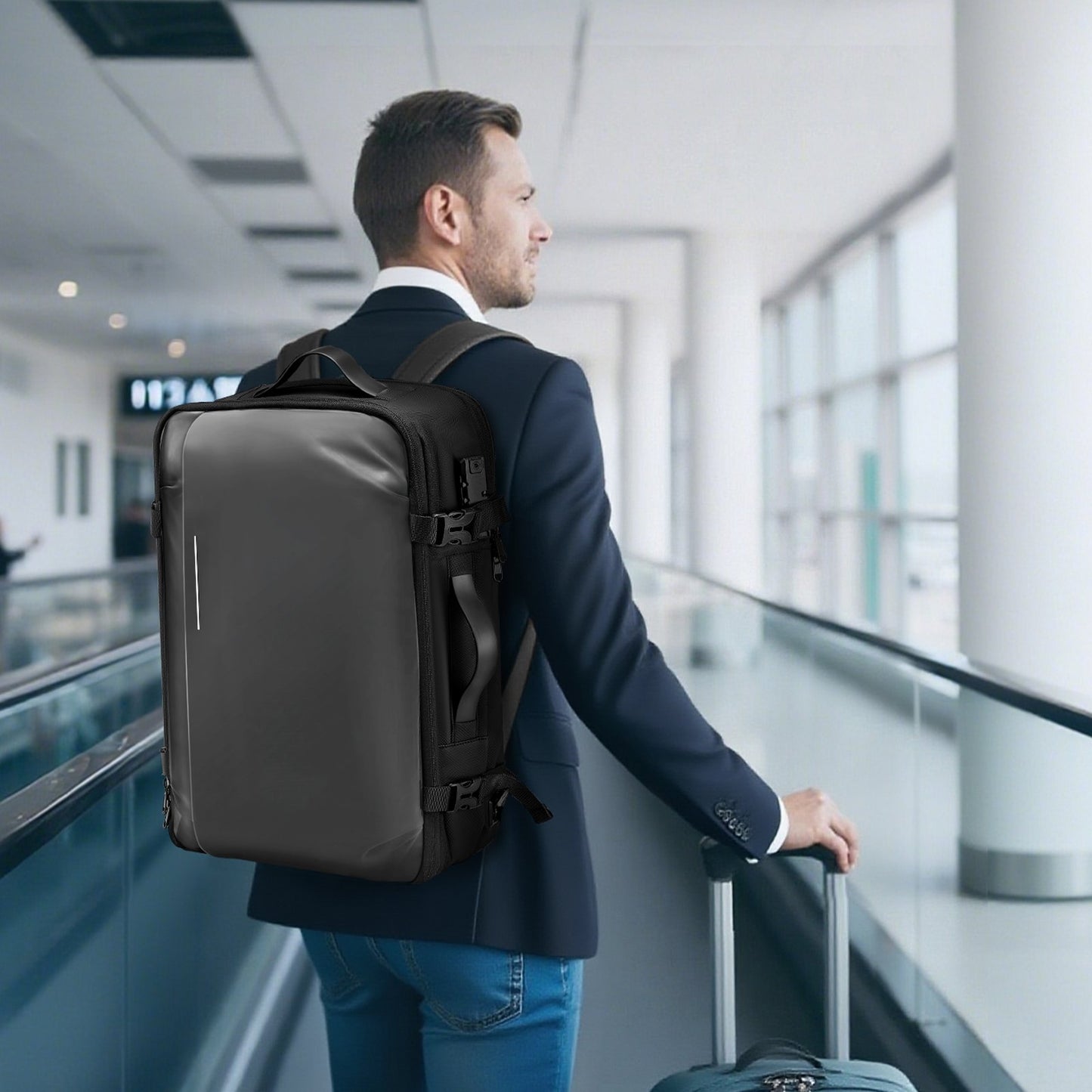 Vakuumreseryggsäck, 65L, Expanderbar vakuumtätad kompressionsreseryggsäck med pump, med TSA-godkänt lås, Airback Vacpack, Vattentålig handbagageväska, för affärsresenärer, Grå