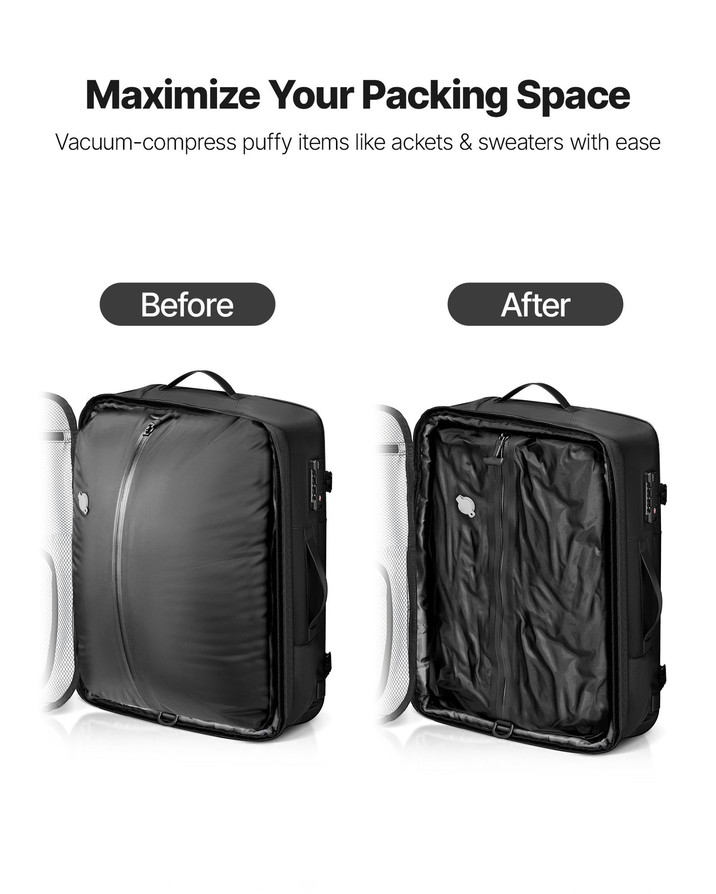 Vacuum Travel Backpack, 80L, Expandable Vacuum Seal Compression Travel Backpack with Pump, with TSA-Approved Lock, Airback Vacpack, Water-Resistant Carry-On Suitcase Luggage, for Business, Black