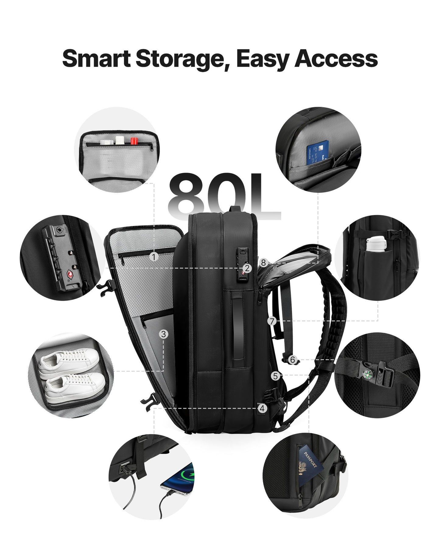 Vacuum Travel Backpack, 80L, Expandable Vacuum Seal Compression Travel Backpack with Pump, with TSA-Approved Lock, Airback Vacpack, Water-Resistant Carry-On Suitcase Luggage, for Business, Black