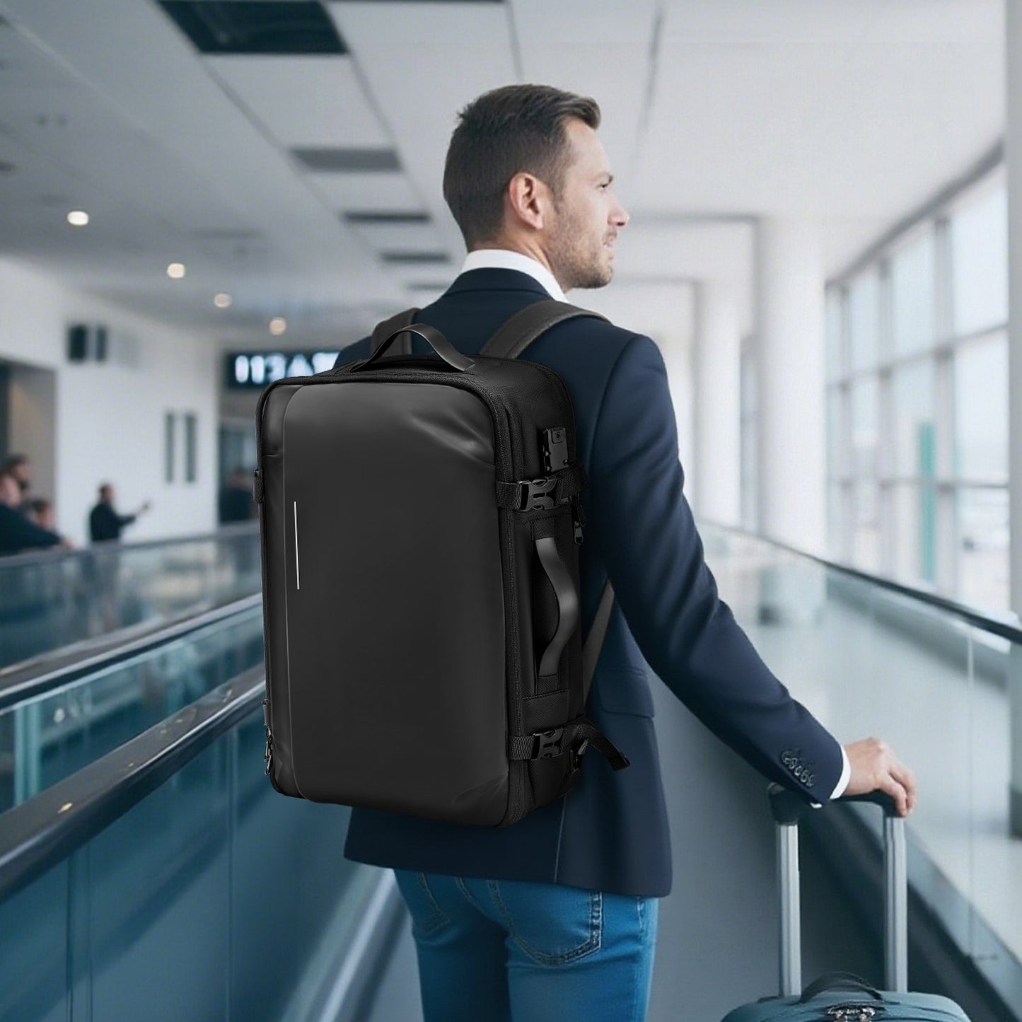 Vakuumreseryggsäck, 65L, Expanderbar vakuumtätad kompressionsreseryggsäck, med TSA-godkänt lås, flera fickor, vattentålig handbagageväska, ingen pump, svart