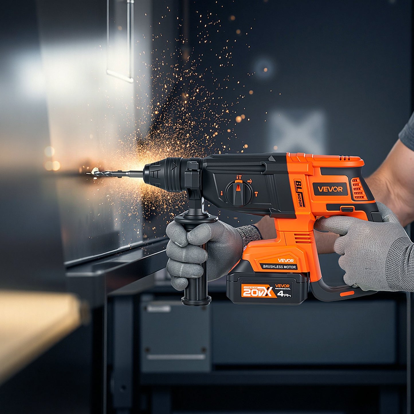 20V Brushless Cordless Hammer Drill, Lithium-Ion 1 Inch Rotary Hammer Driver, SDS-Plus Electric Lightweight Power Tool Kit with Battery and Charger, 4 Functions, 1200 RPM, 5300 BPM