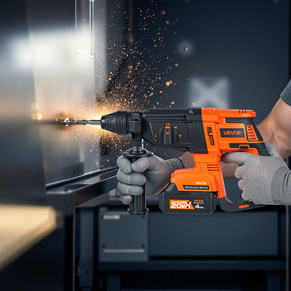 20V Brushless Cordless Hammer Drill, Lithium-Ion 1 Inch Rotary Hammer Driver, SDS-Plus Electric Lightweight Power Tool Kit with Battery and Charger, 4 Functions, 1200 RPM, 5300 BPM