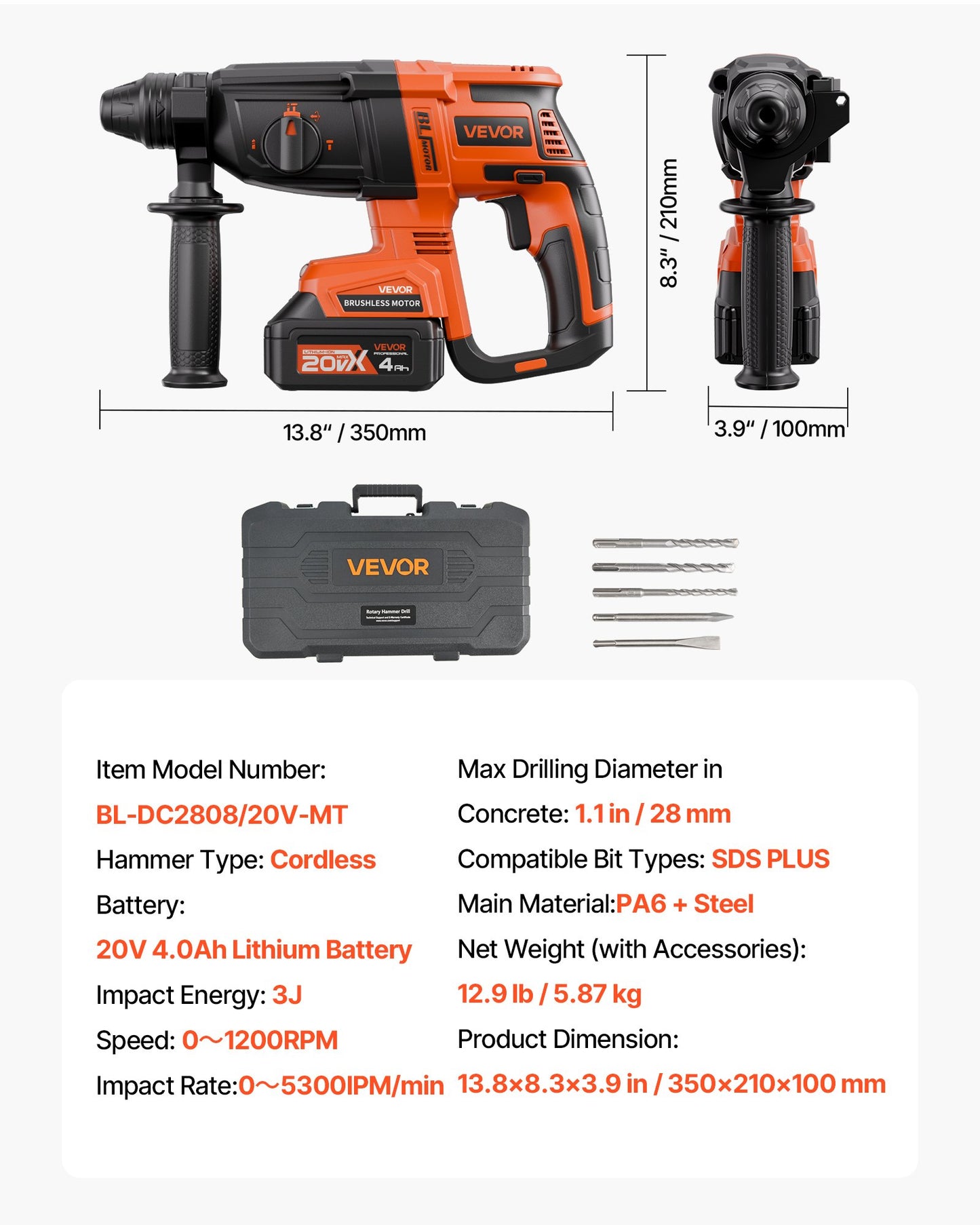 20V Brushless Cordless Hammer Drill, Lithium-Ion 1.1 Inch Rotary Hammer Driver, SDS-Plus Electric Lightweight Power Tool Kit with Battery and Charger, 4 Functions, 1200 RPM, 5300 BPM