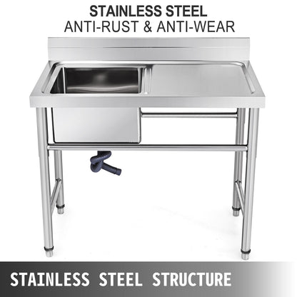 Handgjord diskho Icke-magnetisk Rostfri Köksdiskho Handgjord 1 Fack 16 x 15,5 x 10 Tums Kapacitet Stor Badkarsdiskho med Högerplattform för Lantgårdscafé Butik Sjukhus