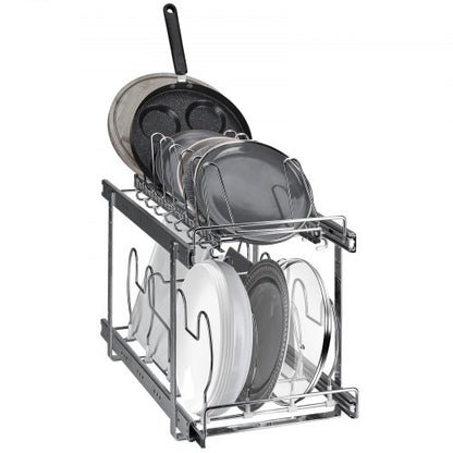 Pan and Pot Rack, 2-Tier Expandable Pull Out Under Cabinet Organizer, Cookie Sheet Baking Pans Tray Racks, Adjustable Wire Dividers, Steel Lid Holder for Kitchen Cabinet & Pantry Storage, 12"W